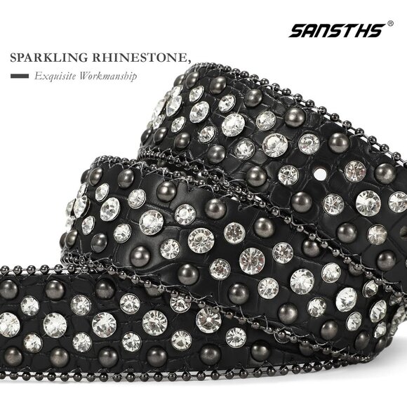 ⚡Women Rhinestone Belt Jeans Western Cowgirl Bling Studded Belt Grain Leather - Picture 2 of 7